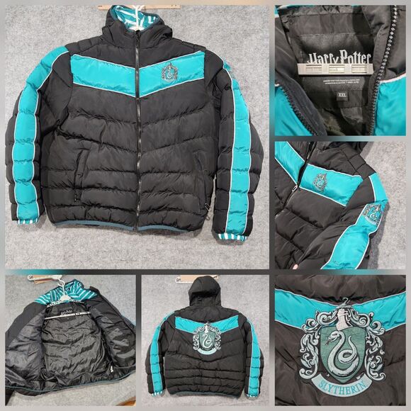 Harry Potter Mens 2XL XXL Slytherin Full Zip Puffer Bomber Jacket Embroidered